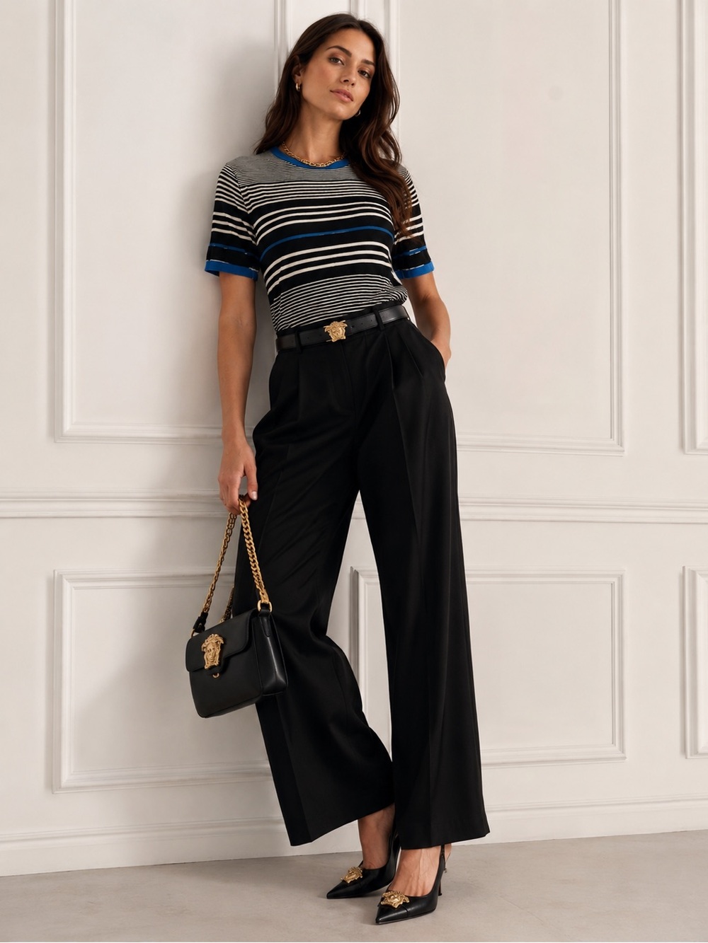 VERSACE JEANS COUTURE Y2K Striped Crewneck with Blue Trim